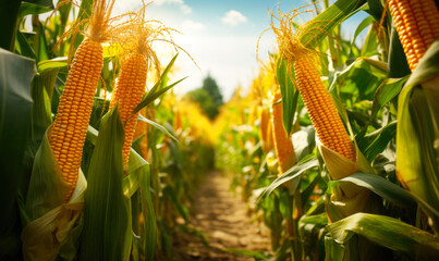A ripe ear of golden corn with its kernels attached, growing in an organic corn field - Powered by Adobe