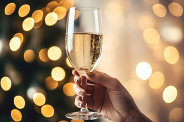 Christmas celebration. A woman holding a glass of champagne with a christmas tree background - obrazy, fototapety, plakaty