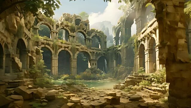 Beautiful Sun Dappled Moss Covered Fantasy Castle Ruins in a Magic Fairy Forest. Arch Bridge Over a Calm Pond. Looping. Animated Background / Wallpaper. VJ / Vtuber / Streamer Backdrop. Seamless Loop.