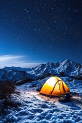 Glowing Tent in Snowy Mountains Under Starry Night