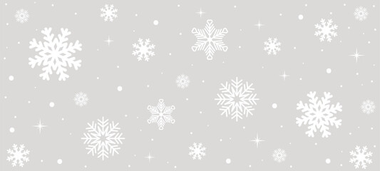 Gray background with white snowflakes and stars.