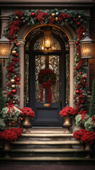 Fototapeta na wymiar Christmas Decorations on the Front Door of a New England Home.