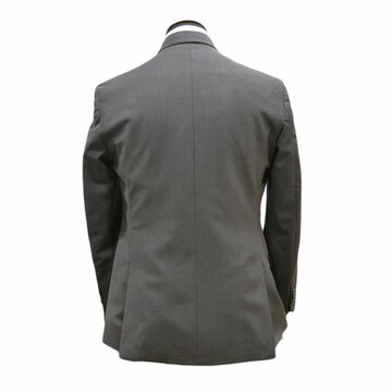 A mannequin in a men's gray wool suit and a light blue shirt on a white background. Back  view
