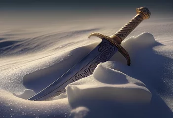 Fotobehang The sword lies in the snow. AI Generated ©  iiulia