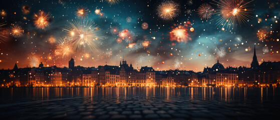 Cityscape with fireworks at night, panoramic view of Gdansk, Poland.