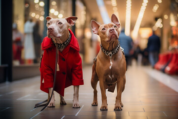 Hyper realistic HD Dogs Wearing Clothes with Bags While Shopping Gifts for Holidays. Human-Like Anthropomorphic Animal Character.