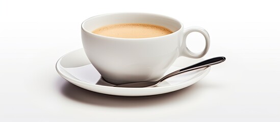 Coffee served in a white cup with spoon and saucer