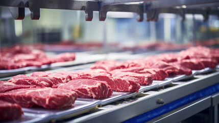 Several chunks of raw meat being processed packaged and shipped.