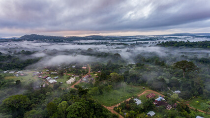 Misty dawn over Saul village, French Guiana.