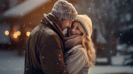 Young couple enjoying life outdoors in winter. Beautiful woman and handsome man smiling and looking each other. There is romance in the air. Blurry background.