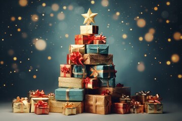 Christmas tree made of gift boxes on bokeh background, vintage toned