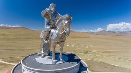 Aerial view of the grand Genghis Khan statue in the plains.