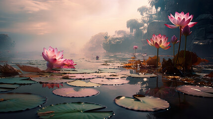 Lotus flowers in a pond. Generative Ai