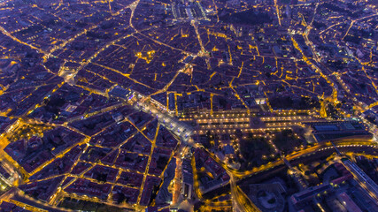 An aerial snapshot of Montpellier's bustling streets night time