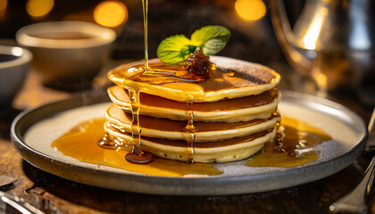 Pancakes with maple syrup close-up