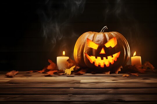 Scary halloween pumpkin on wooden planks.