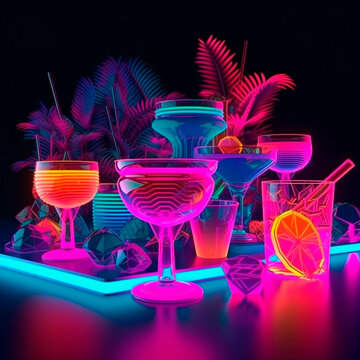 Neon glowing cocktails on tray background. Illuminated synthwave 3d purple table with trendy tropical drinks and pieces of digital ice colorful with glasses