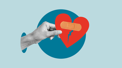Collage with the hand with heart with band-aid. Healing heart, healing from breakup, healing from...