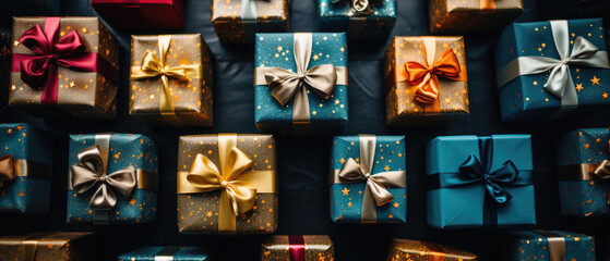 Gift boxes with ribbons and bows on a dark background.