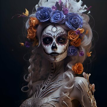 Luxury image of woman on day of the dead skulls day of the dead halloween with painted Sugar skull on her face