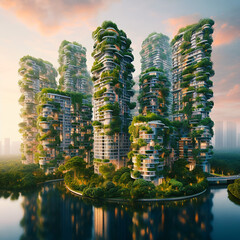 Photo of a modern green building nestled in lush green surroundings