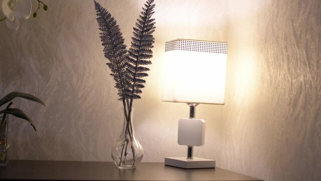 Decorative silver fern in a glass vase and lamp 