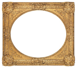 Frame of a painting in the Borroque style with an oval cutout in the center on a transparent background, in PNG format.