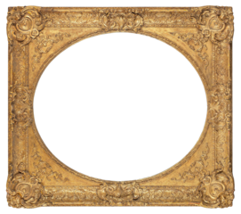 Frame of a painting in the Borroque style with an oval cutout in the center on a transparent background, in PNG format.