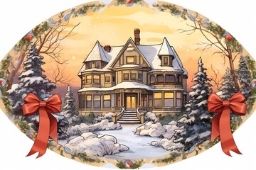 Fototapeta na wymiar christmas house exterior, christmas decorations, winter desktop background, christmas card