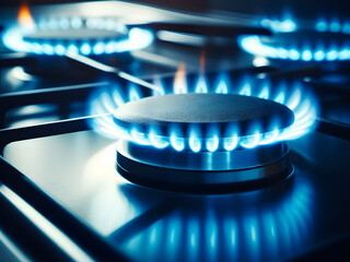 Close up of the blue flames on a gas burning range or stove. Generative AI.