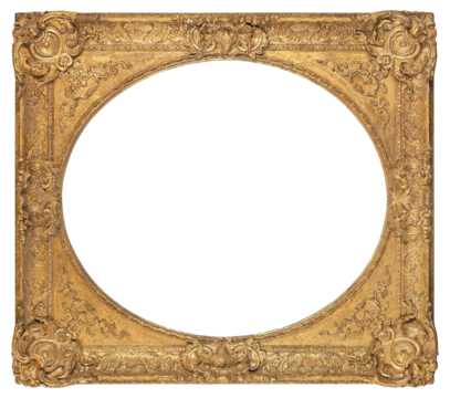 Frame of a painting in the Borroque style with an oval cutout in the center on a transparent background, in PNG format. - Powered by Adobe