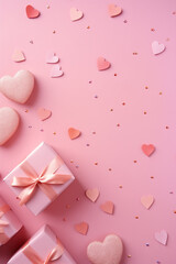 Vertical image of composition with Valentine's Day decorations on pink background. Holiday 14 February romantic poster.