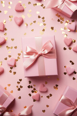 Vertical image of composition with Valentine's Day decorations on pink background. Holiday 14 February romantic poster.
