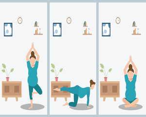 Woman doing meditation and exercise during pregnancy. Yoga in pregnancy concept. Flat vector illustration isolated on white background.