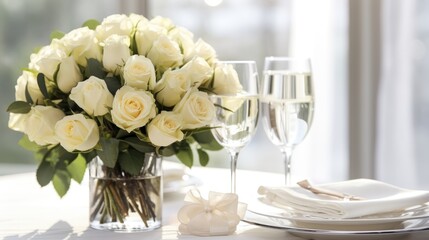 Elegant celebration! table decorated for a wedding with white roses bouquets, an embodiment of matrimonial bliss and floral elegance.