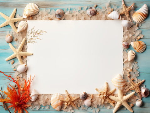 The square frame consisting of a seashells, corals, starfishs, on the background of the light image of the sea surf