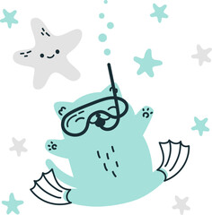 Fototapeta premium Vector illustration in doodle style. Cute kitten scuba diver swimming underwater with starfish. . Vector illustration