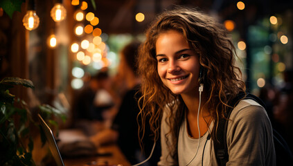 Portrait of a smiling young woman sitting in a cafe with headphones