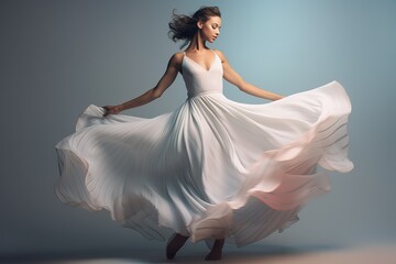 Naklejka premium A young lady in a white, wedding, silk dress is spinning, the dress is developing. A girl in a light, festive dress is dancing. 