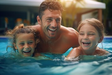 Happy father and children are swimming in the pool. Close-up. Portrait. Vacation, vacation, family vacation, resort, travel. - obrazy, fototapety, plakaty