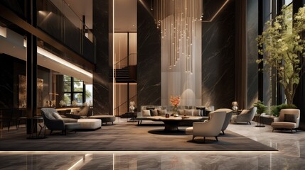 Welcoming elegance! lobby interior, a blend of contemporary design and architectural sophistication.
