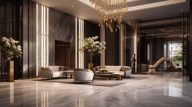 Welcoming elegance! lobby interior, a blend of contemporary design and architectural sophistication.