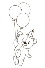 Vector line illustration in doodle style. Cute bear in a festive hat is flying on balloons. Children's illustration drawn by hand. Vector illustration