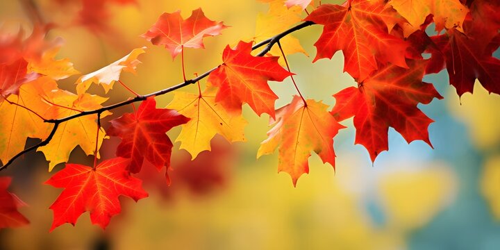 Colorful autumn maple leaves on a tree branch.