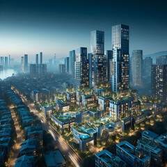 Obraz premium Urban skyline with skyscrapers. High-rise office buildings dream City skyline at night