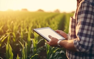 A farmer in a corn field using a digital tablet