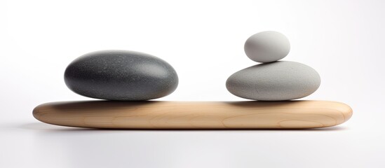 Balance and harmony achieved through stone sculptures on a wooden table featuring cairns with grey pebbles in various shades including bicolor pebbles in dark grey and white