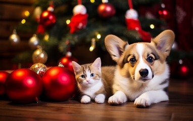 Corgi puppy and cat on the floor near the Christmas tree