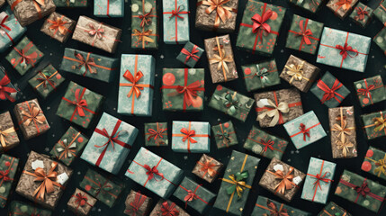 Top view of Christmas gift boxes with ribbons on black background.