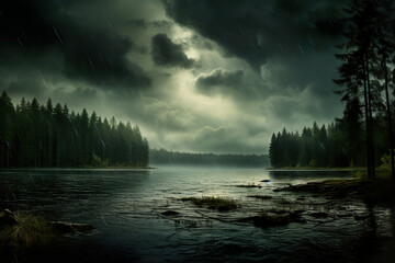 Fototapeta na wymiar Lake Surrounded by Trees Under a Cloudy Sky. Generative Ai